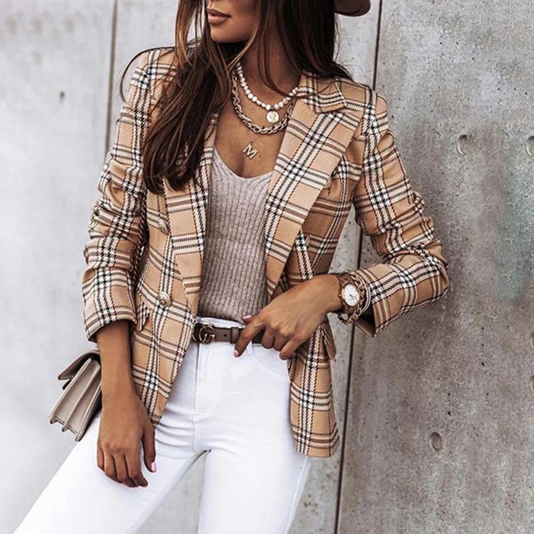 Street Wave Plaid Double Breasted Blazer For Women Elegant Modern Polyester Blend