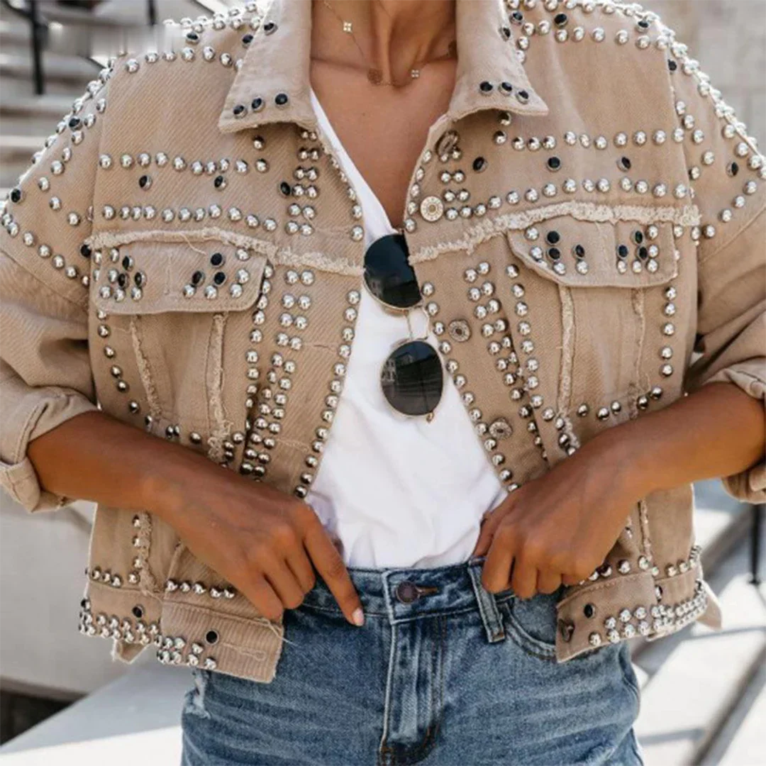 Street-Wave Studded Jacket With Rhinestones For Women, Flattering Silhouette, Durable Polyester