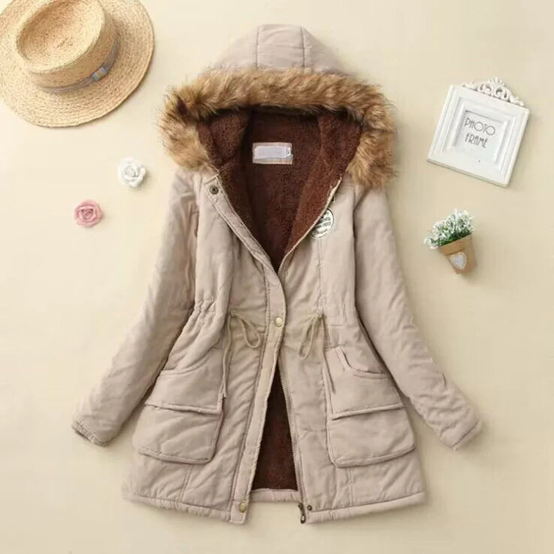 Street-wave Olive Winter Coat With Fur Lined Hood For Women Belted Waist And Pockets