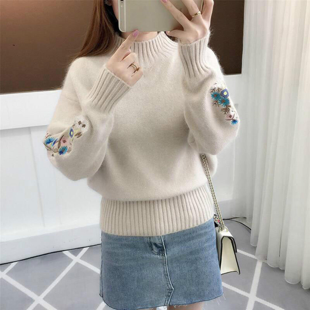 Street-Wave Floral Embroidered Cashmere Knit Pullover For Women Soft Cream Color Premium Handcrafted Sweater