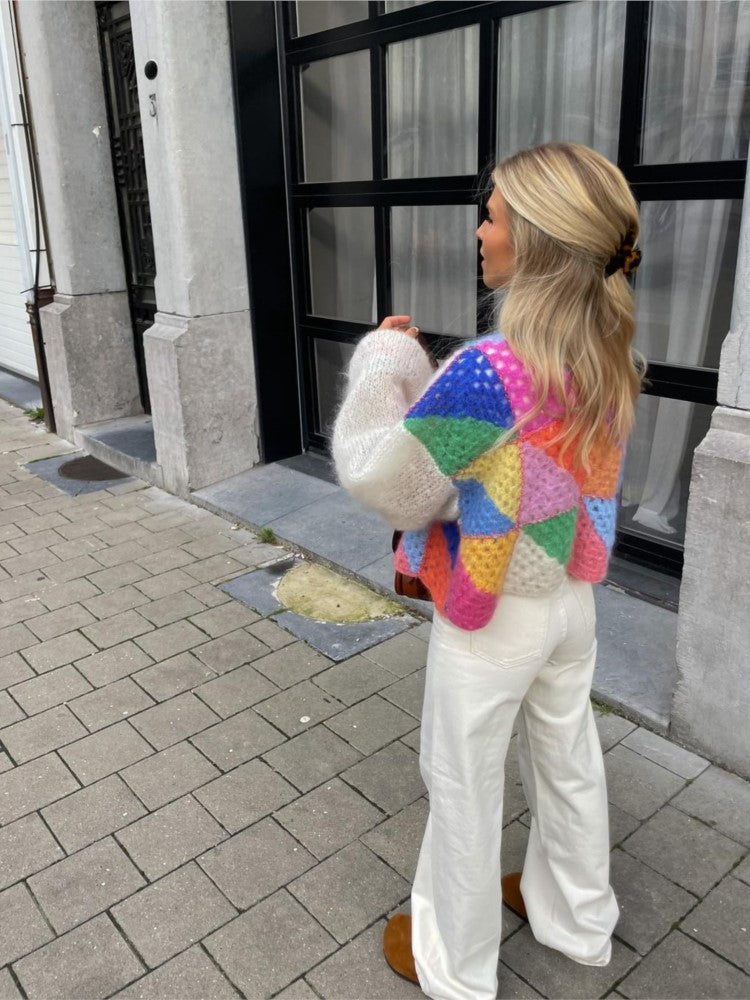Street-Wave Patchwork Knit Cardigan For Women Colorful Cozy Warmth Must-Have Layer