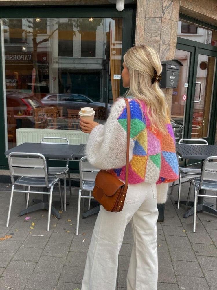 Street Wave Patchwork Cardigan For Women With Long Puff Sleeves Colorful Knit Cozy Fall Wardrobe Essential