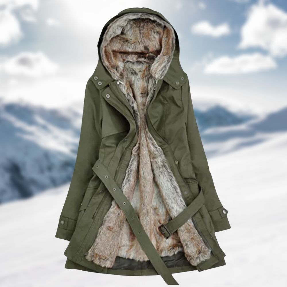 Street Wave Women Winter Coat With Adjustable Waist And Faux Fur Collar Knee Length Regular Fit For Winter Outings
