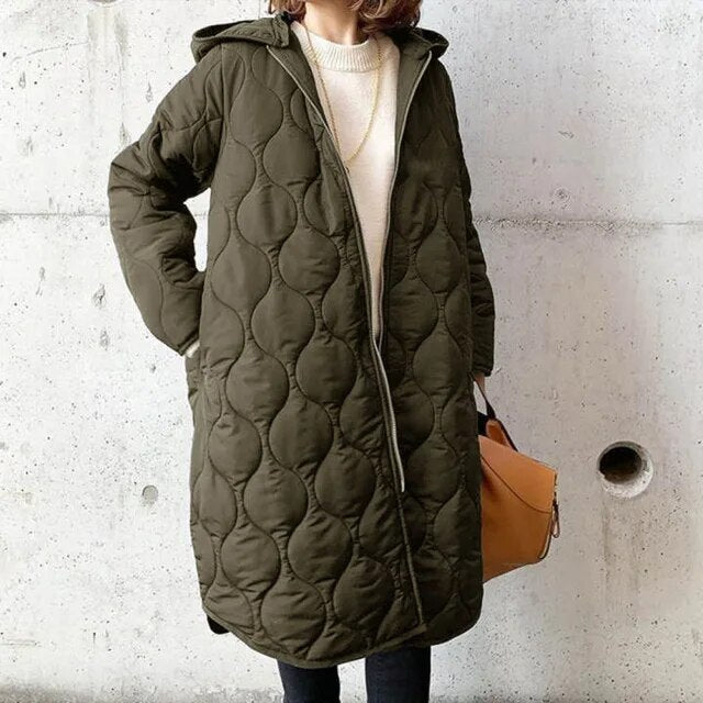 Street Wave Quilted Parka With Hood for Women Longline Argyle Design Coat Cozy Warmth