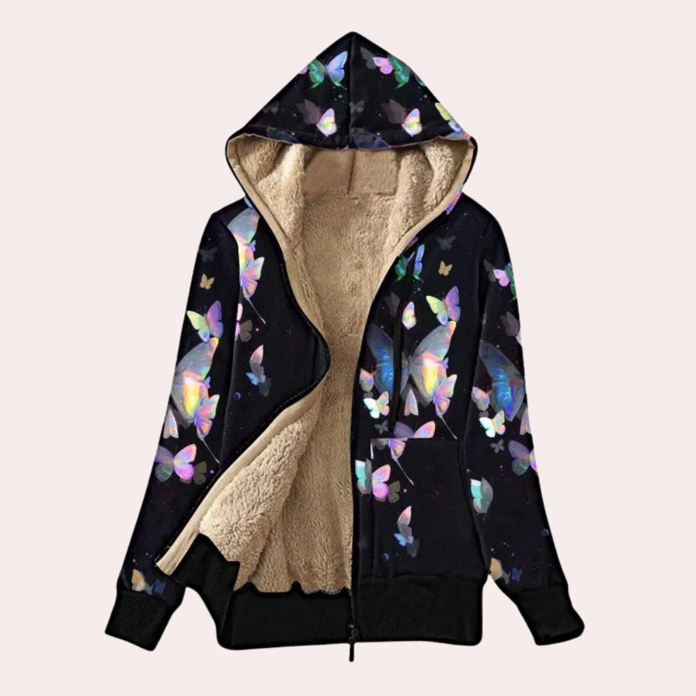 Street-wave Women's Warm Hoodie Jacket With Colorful Butterfly Print For Cozy Winter Wear