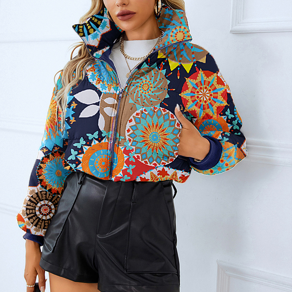 Street-Wave Cropped Winter Jacket For Women With Cozy Warmth And Bold Floral Print