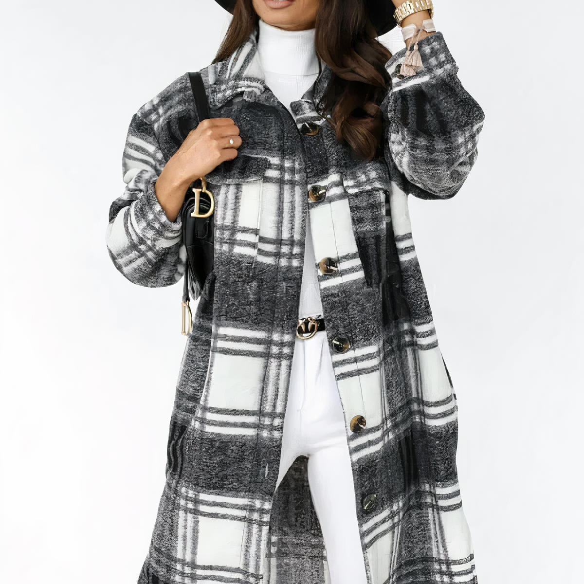 Street-wave Long Plaid Winter Coat For Elegant Women With Cozy Versatile Timeless Style