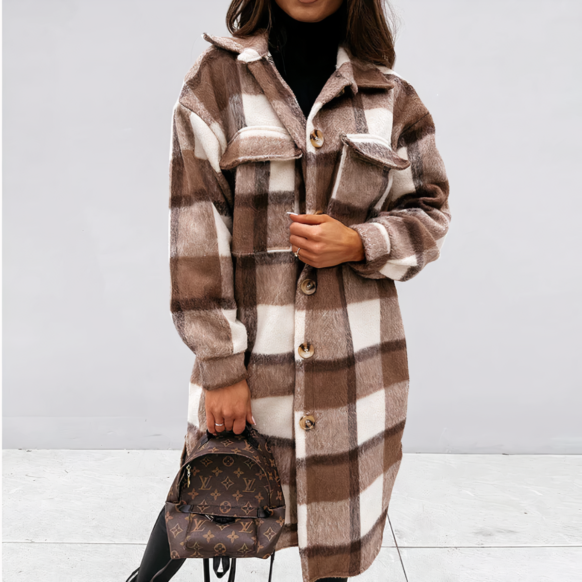 Street-wave Long Plaid Winter Coat For Elegant Women With Cozy Versatile Timeless Style