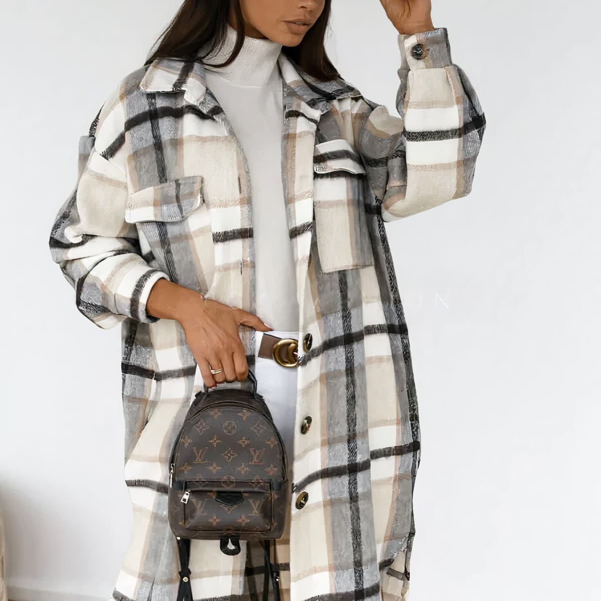 Street-wave Long Plaid Winter Coat For Elegant Women With Cozy Versatile Timeless Style