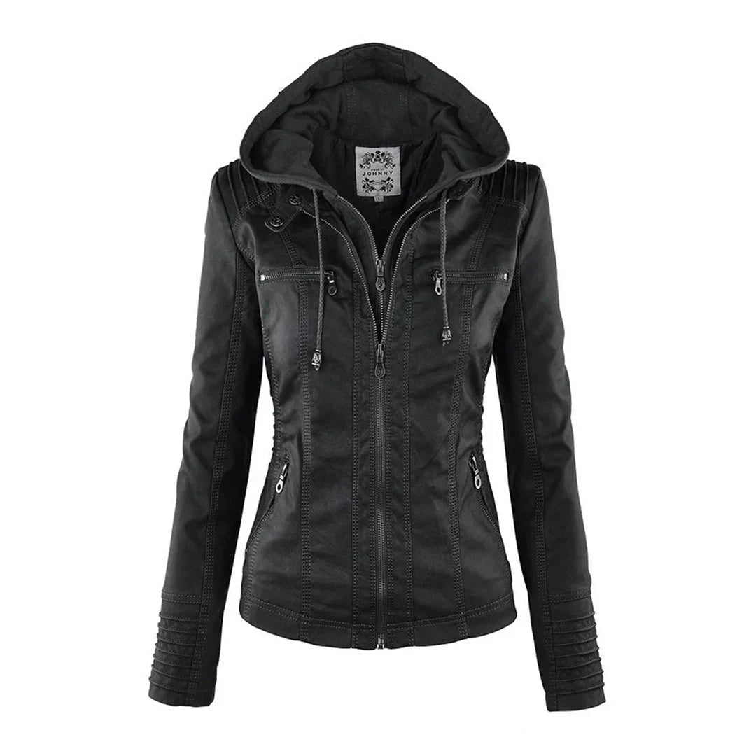 Street-wave Faux Leather Biker Jacket With Hood For Urban Style Unisex Streetwear Essential
