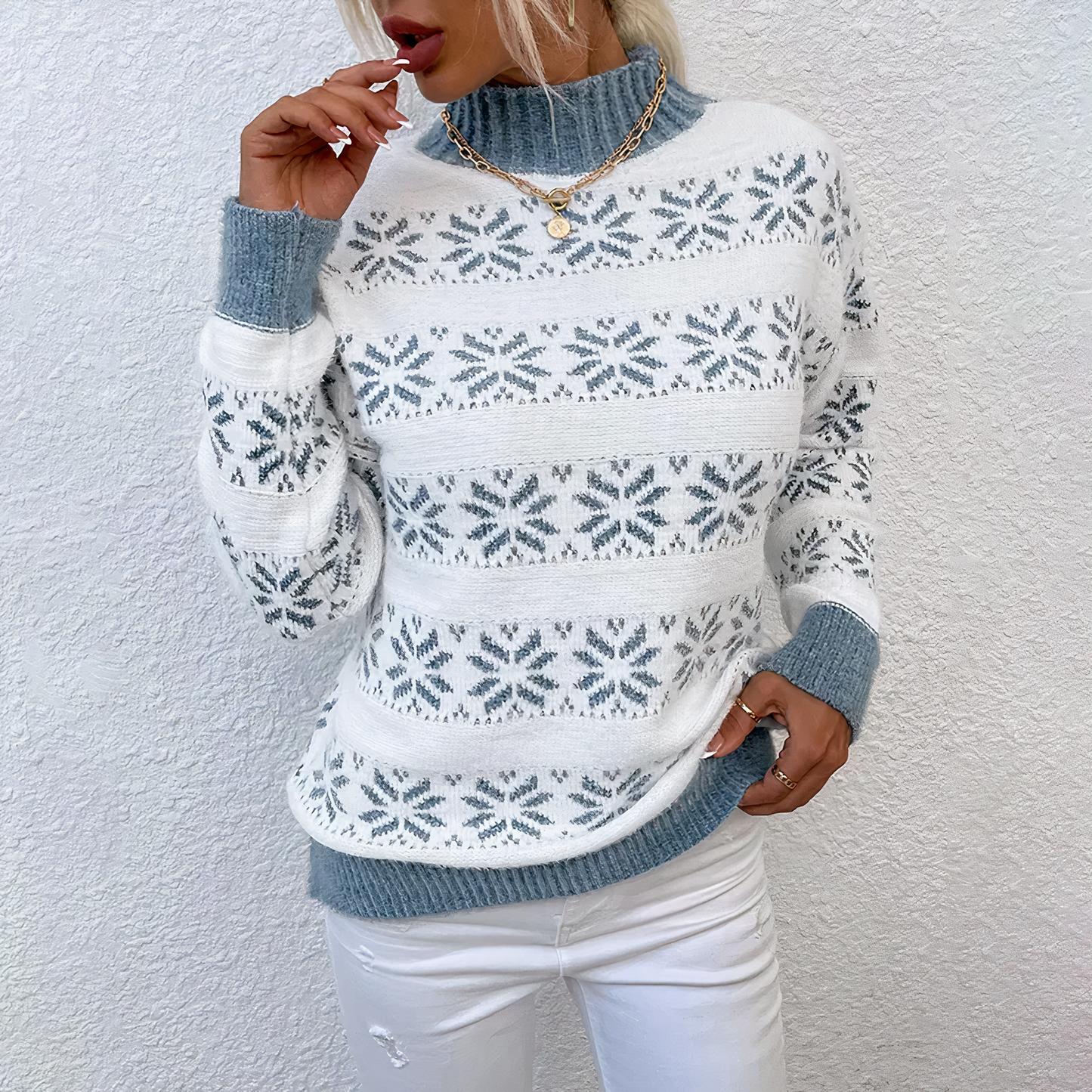 Street Wave Snowflake Knit Rollneck Sweater For Women Cozy Festive Winter Pullover