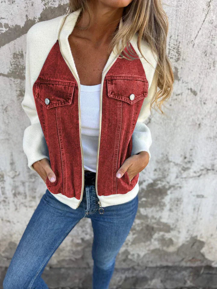 Street-Wave Isaline Denim Jacket With Cozy Knit Sleeves For Women Everyday Style And All Seasons