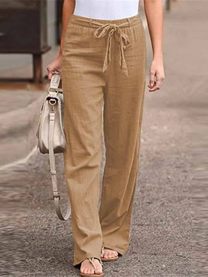 Street-Wave Womens Wide-Leg Linen Pants High Waist Tie Belt