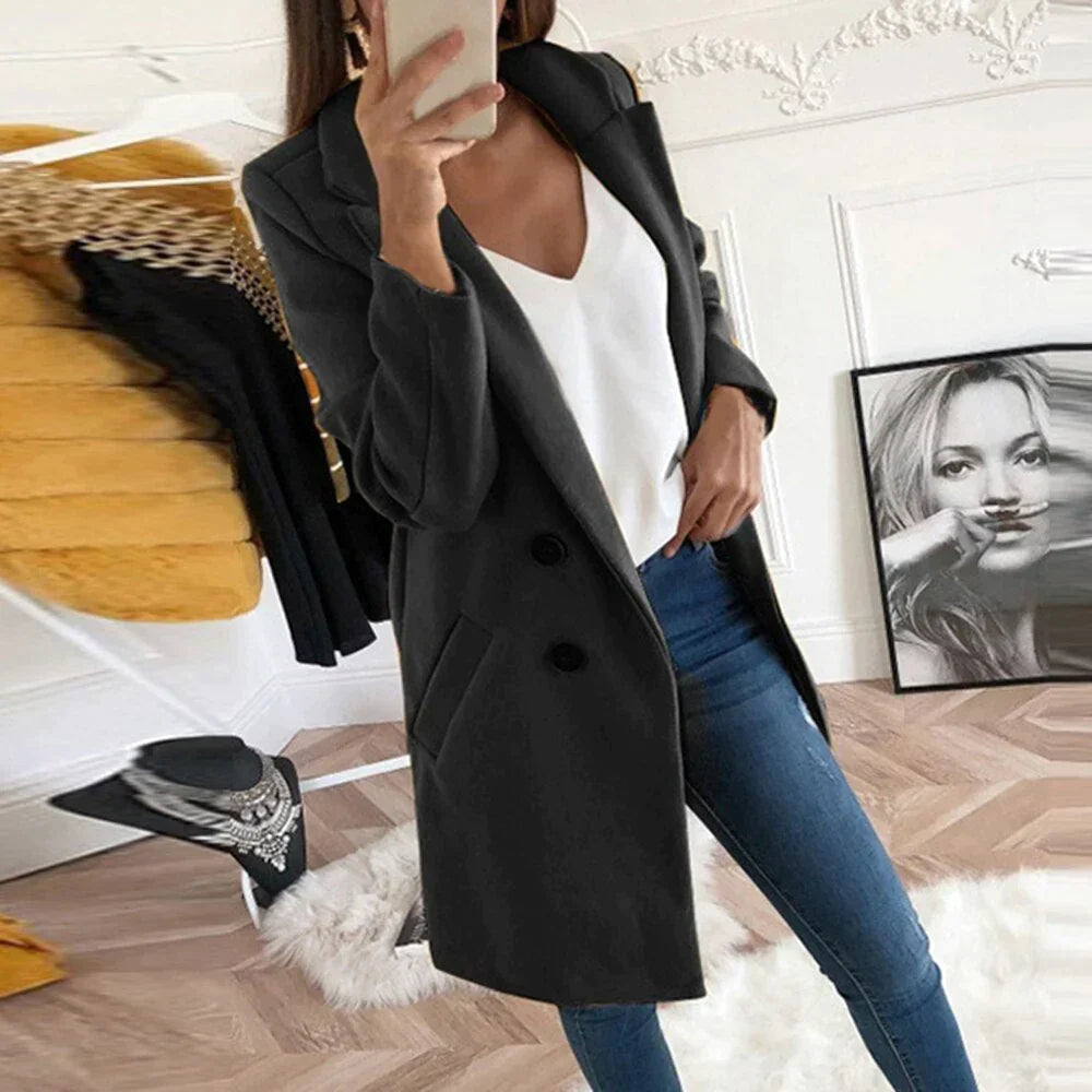 Street-wave Yellow Double-Breasted Coat Louise For Women, Classic Elegance And Cozy Warmth