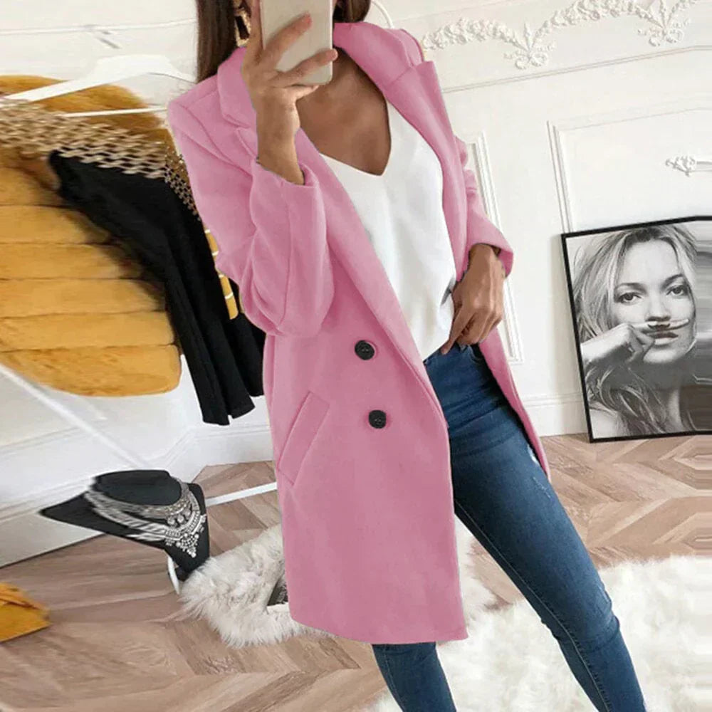 Street-wave Yellow Double-Breasted Coat Louise For Women, Classic Elegance And Cozy Warmth