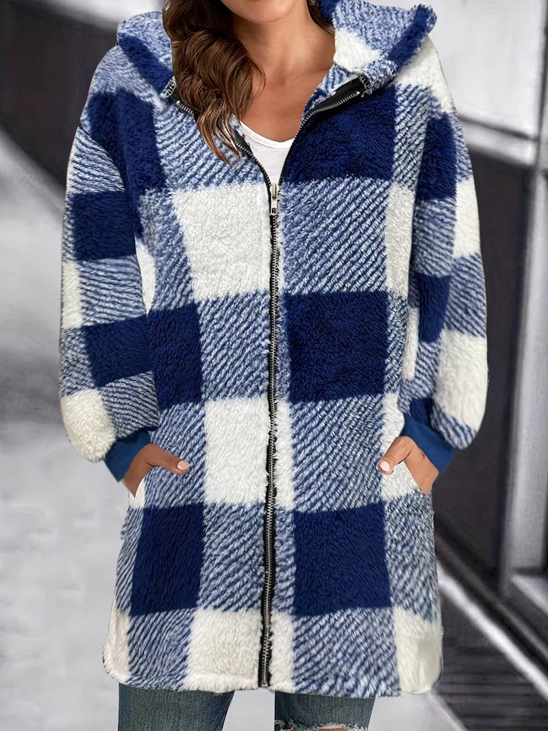 StreetWave Teddy Coat With Hood For Women Plaid Checkered Plush Cozy Warm Soft Fleece Lined Casual Winter Outerwear