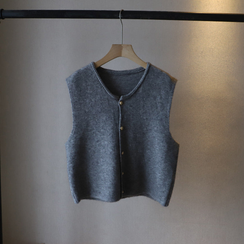 Street-Wave Womens Knitted Vest Wool Blend Cropped Button Front Layer
