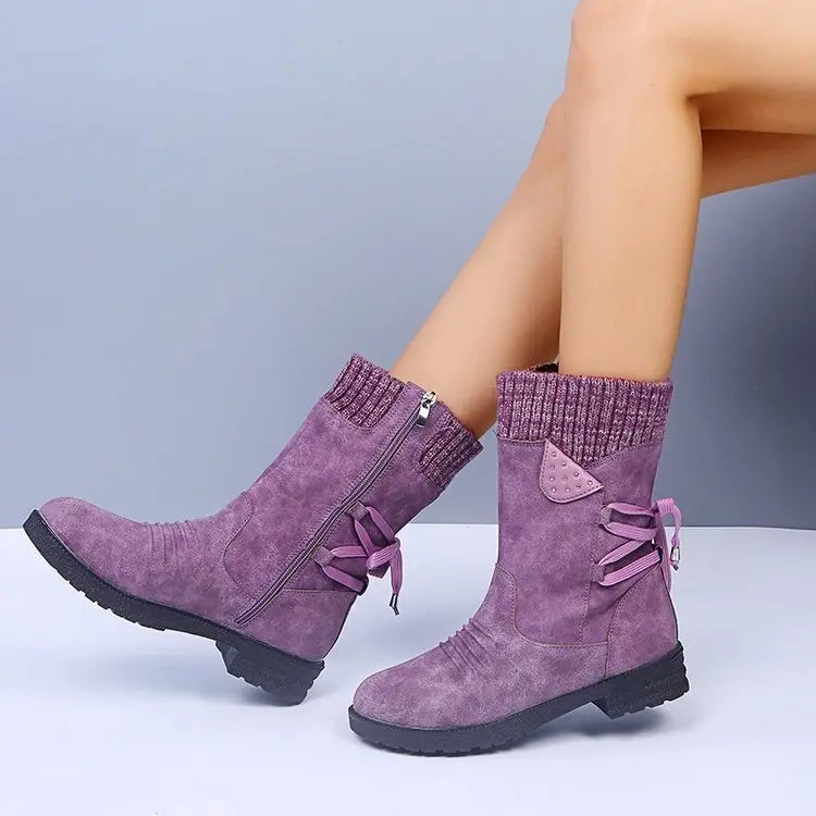 Street Wave Lace Up Winter Boots For Women Warm Suede Comfort
