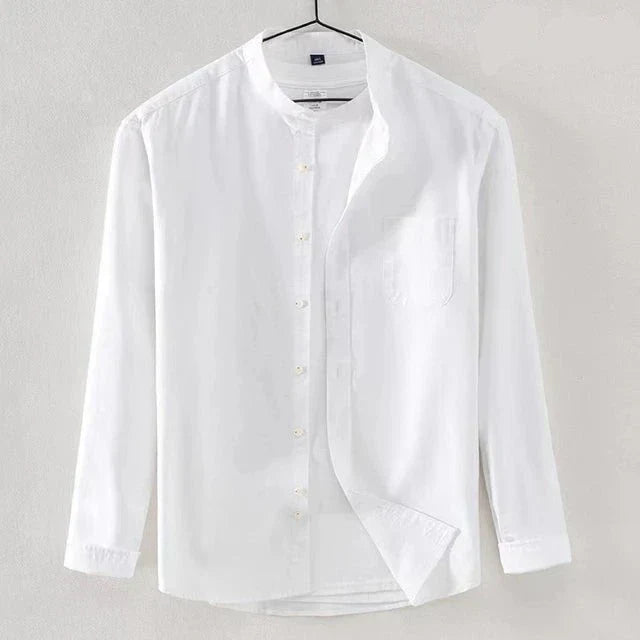 Men's Long Sleeve Shirt With Band Collar Regular Fit Button Closure Chest Pocket