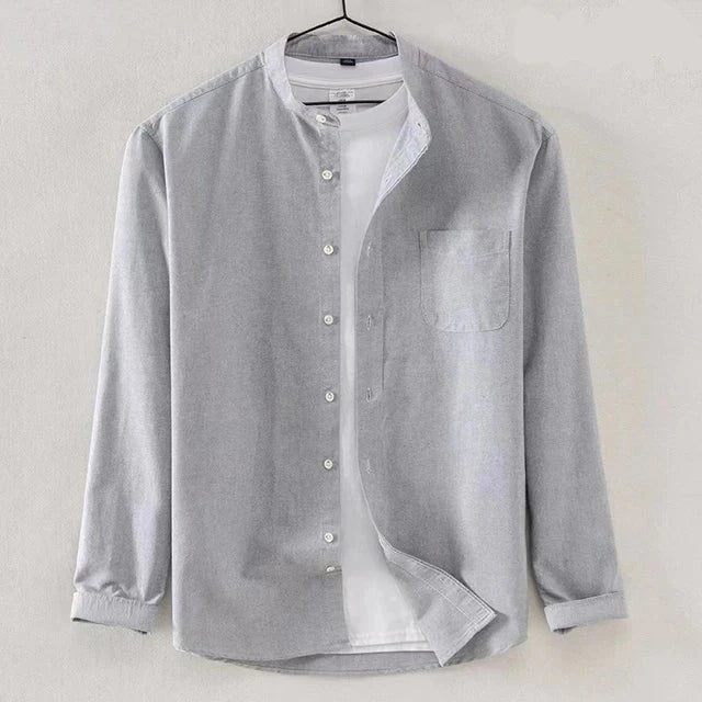 Men's Long Sleeve Shirt With Band Collar Regular Fit Button Closure Chest Pocket