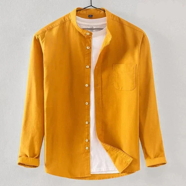 Men's Long Sleeve Shirt With Band Collar Regular Fit Button Closure Chest Pocket