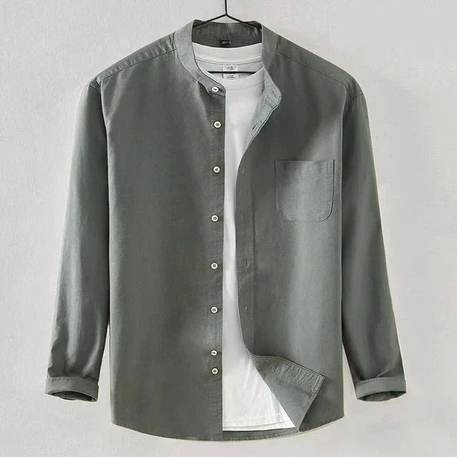 Men's Long Sleeve Shirt With Band Collar Regular Fit Button Closure Chest Pocket