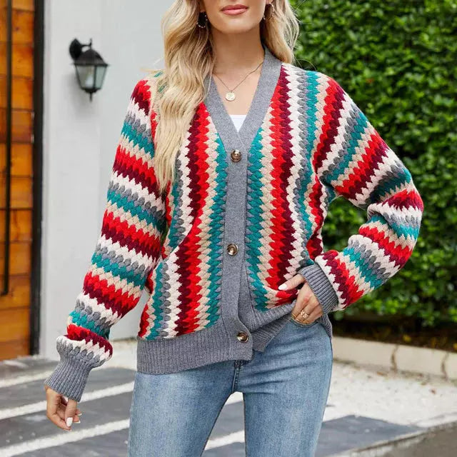Street-wave Patchwork Knit Cardigan For Women Cotton Poly Blend Cozy V Neck Colorful Stripes