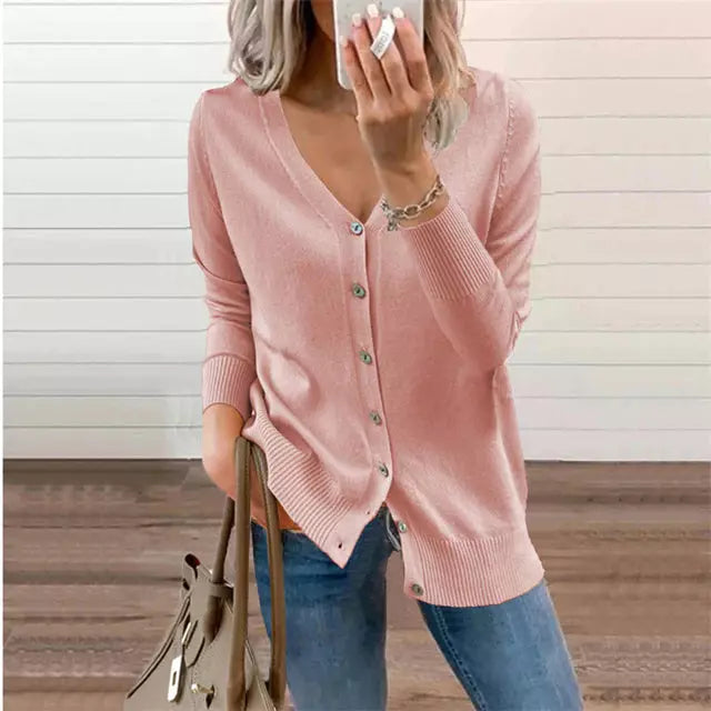 Street-wave Womens All-Season V-Neck Cardigan With Button Details Cotton-Blend Knit For Everyday Wear
