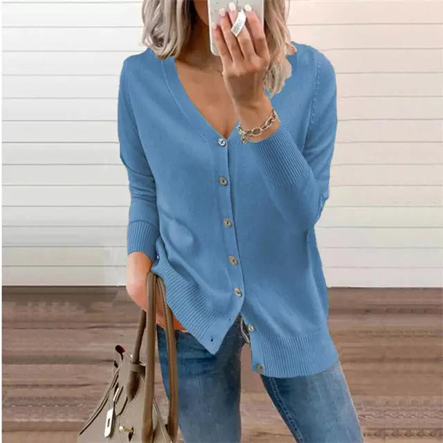 Street-wave Womens All-Season V-Neck Cardigan With Button Details Cotton-Blend Knit For Everyday Wear