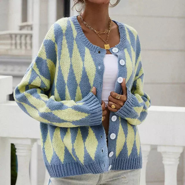 Street-Wave Geometric Cardigan Cozy Cotton Blend For Women