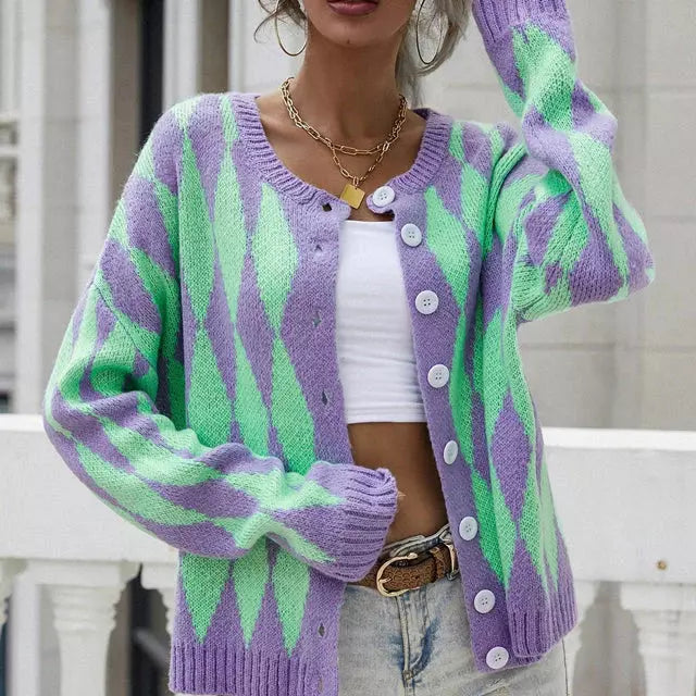 Street-Wave Geometric Cardigan Cozy Cotton Blend For Women
