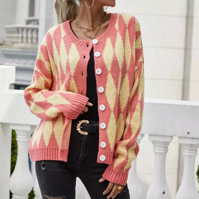Street-Wave Geometric Cardigan Cozy Cotton Blend For Women
