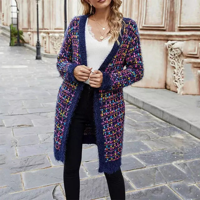 Street-Wave Colorful Knit Cardigan For Women Longline Warmth V-Neck Cotton Acrylic Blend All Season