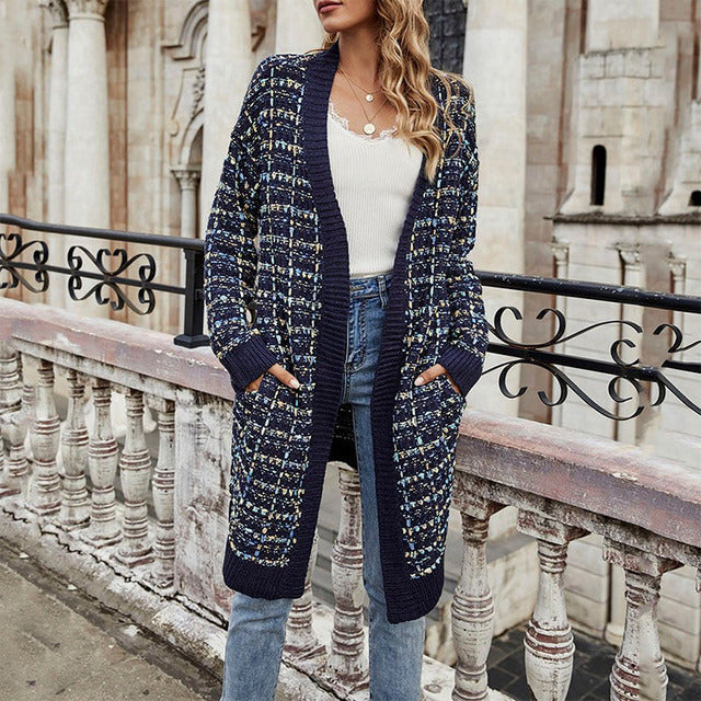 Street-Wave Colorful Knit Cardigan For Women Longline Warmth V-Neck Cotton Acrylic Blend All Season