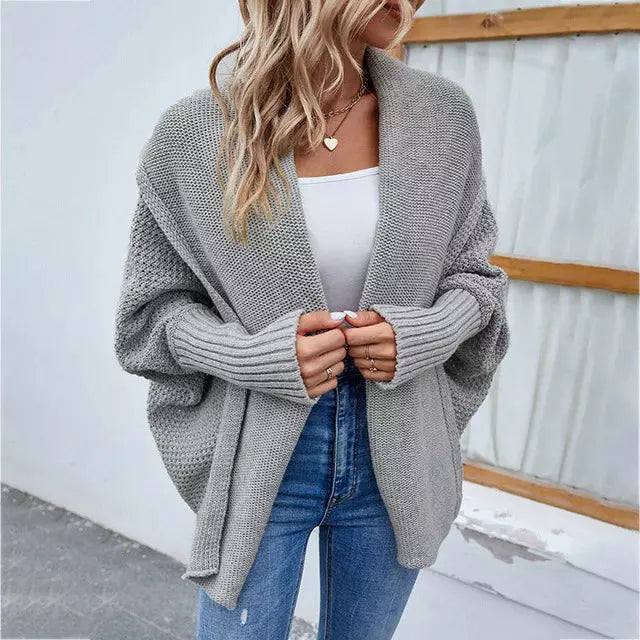 Street-Wave Elegant Solid Color Cardigan for Everyday Women with Batwing Sleeves