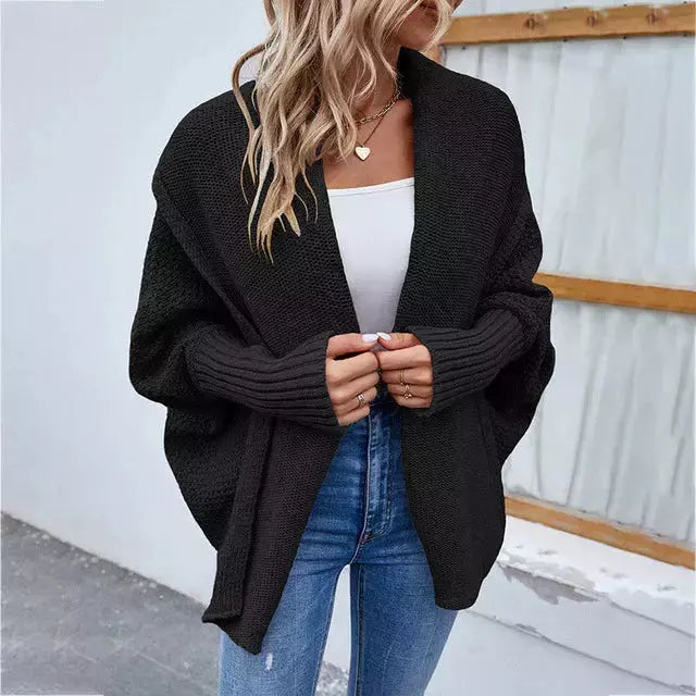 Street-Wave Elegant Solid Color Cardigan for Everyday Women with Batwing Sleeves