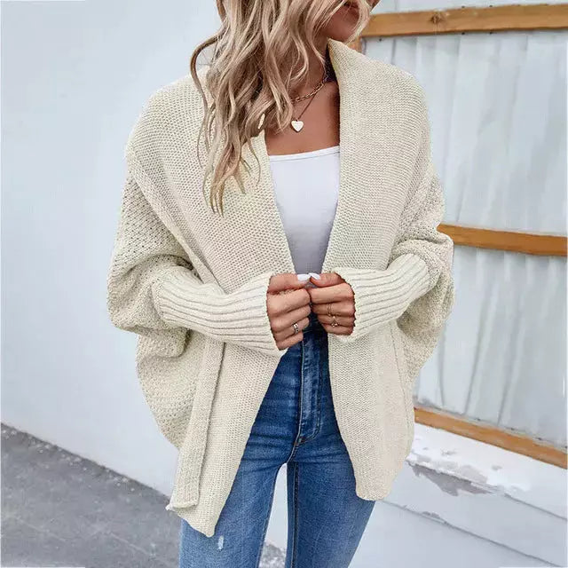 Street-Wave Elegant Solid Color Cardigan for Everyday Women with Batwing Sleeves