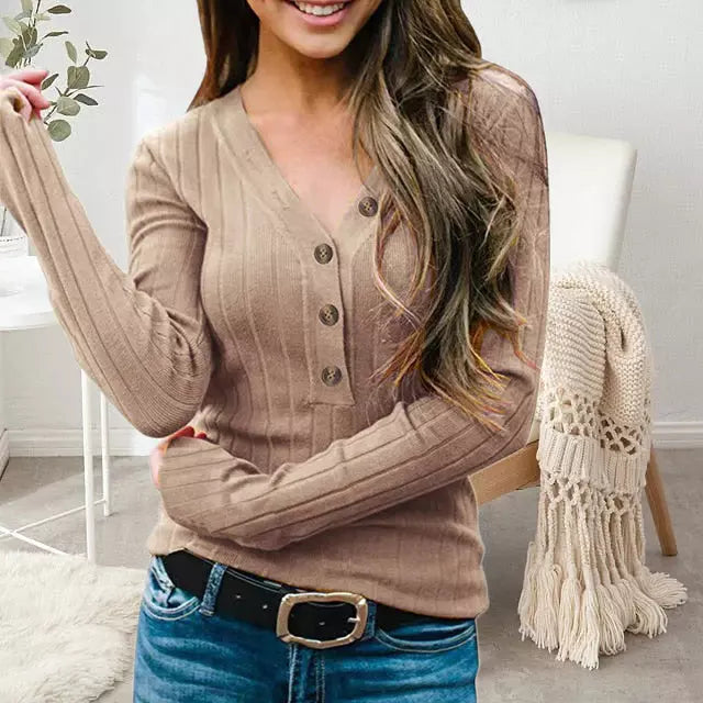 Streetwave Women's V Neck Button Knit Sweater Cotton Polyester Blend Cozy Versatile Everyday Wear