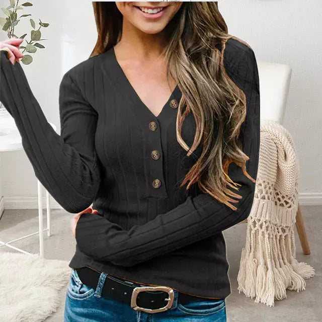Streetwave Women's V Neck Button Knit Sweater Cotton Polyester Blend Cozy Versatile Everyday Wear