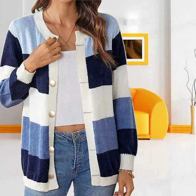 Street-Wave Striped Knit Cardigan For Women Cozy Cotton Blend Versatile Soft Tones Button Front