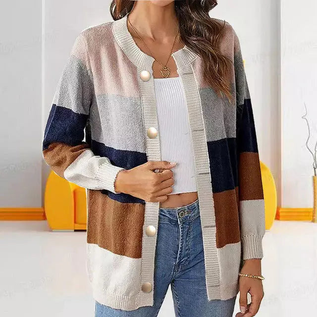 Street-Wave Striped Knit Cardigan For Women Cozy Cotton Blend Versatile Soft Tones Button Front