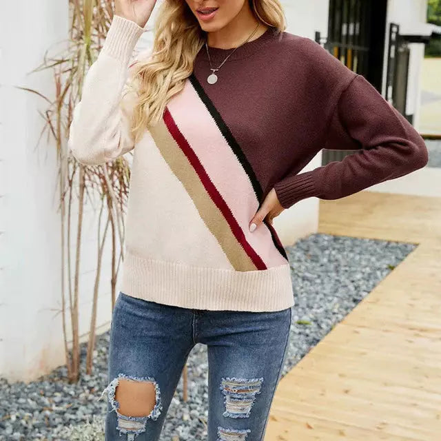 Street-wave Striped Knit Sweater For Women Cozy Colorblock Pullover With Round Neck
