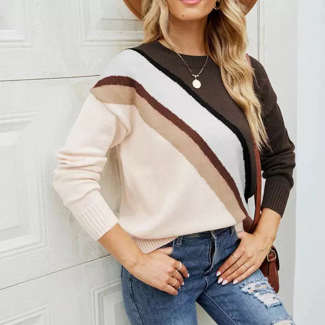 Street-wave Striped Knit Sweater For Women Cozy Colorblock Pullover With Round Neck