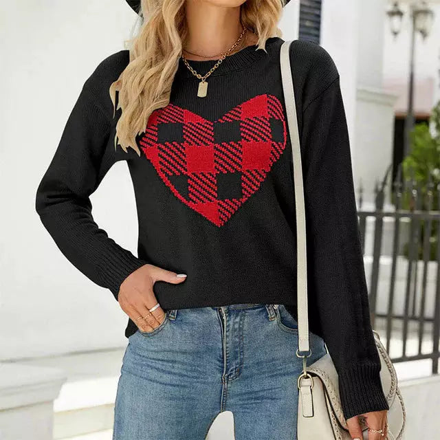 Street-Wave Heart Knit Sweater For Women Cozy Cotton Acrylic Pullover With Red Plaid Heart Design