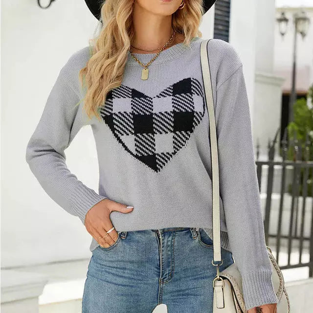 Street-Wave Heart Knit Sweater For Women Cozy Cotton Acrylic Pullover With Red Plaid Heart Design