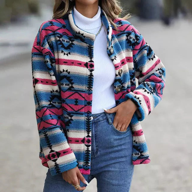 Street-wave Geometric Print Coat For Women Warm Cotton-Polyester Stand Collar All-Season