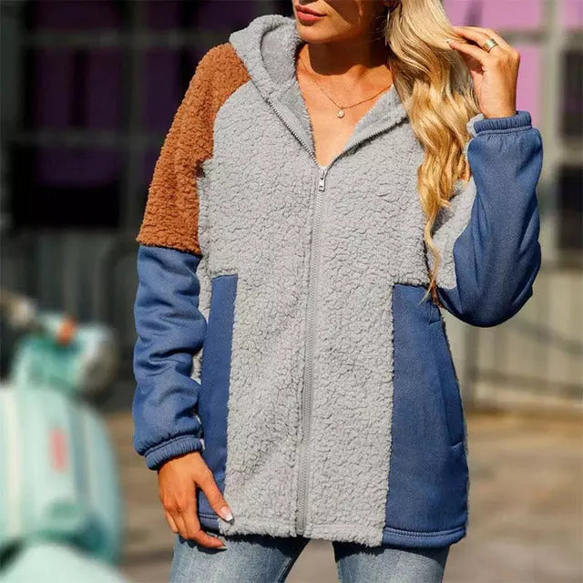 Street-Wave Patchwork Hooded Coat With Cotton Cashmere Blend For Women, Cozy Autumn Winter