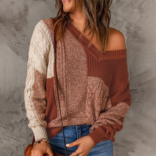 Street-Wave Patchwork Knit Pullover With Colorblocked Cozy Warmth For Women Fall Winter