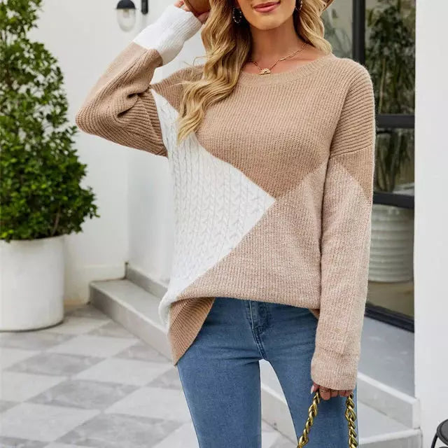 Street-Wave Patchwork Knit Sweater For Women With Creative Pattern And Cozy Warmth