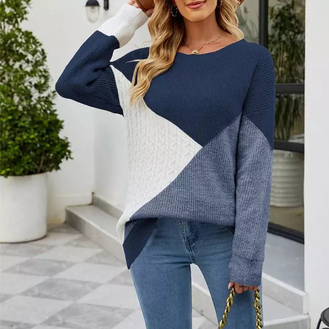 Street-Wave Patchwork Knit Sweater For Women With Creative Pattern And Cozy Warmth
